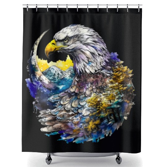 Wilderness Watercolor Forest Moon Eagle Shower Curtains