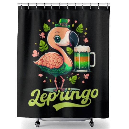 Irish Flamingo St Patricks Lepringo Shower Curtains