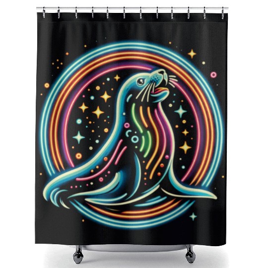 Seal Neon in circle Shower Curtains