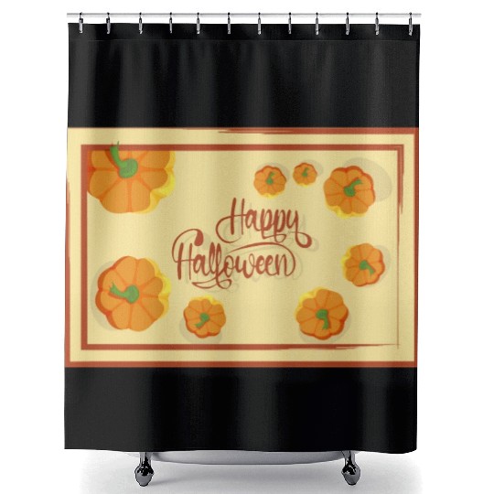 Greetings Happy Halloween typography and pumpkins Shower Curtains