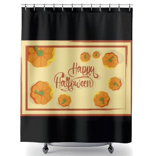 Greetings Happy Halloween typography and pumpkins Shower Curtains