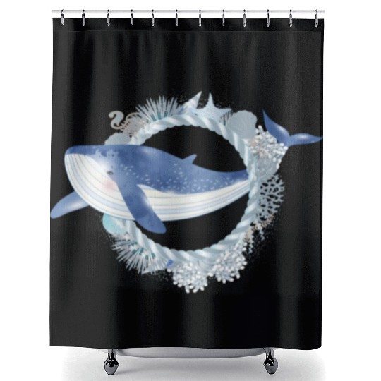 blue whale fish in coral reef in watercolor style Shower Curtains