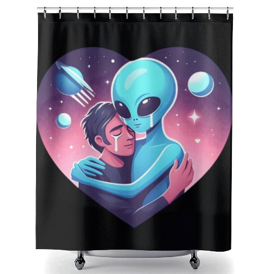 Heartwarming Embrace: Human and Alien Shower Curtains