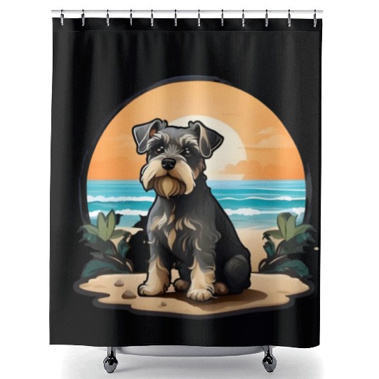 A miniature schnauzer dog in the beach Shower Curtains