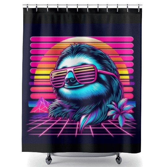 Synthwave Retro 80's Sloth Shower Curtains