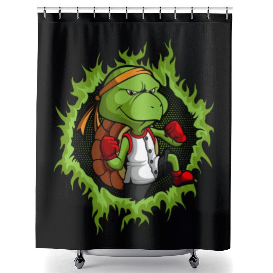 Kung Fu Turtle With Halftone Fire Background Shower Curtains
