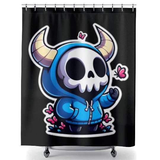 Cute Horned Skull enjoys the butterflies Shower Curtains