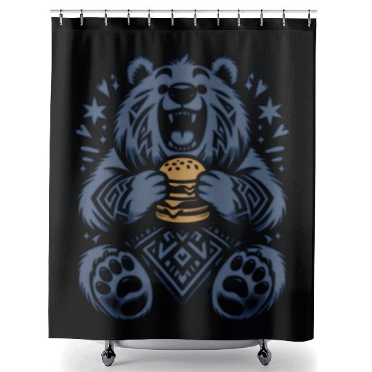 Cute Grizzly with Hamburger, Blue Shower Curtains