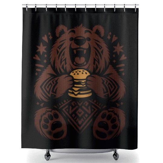 Cute Grizzly with Hamburger, Brown Shower Curtains