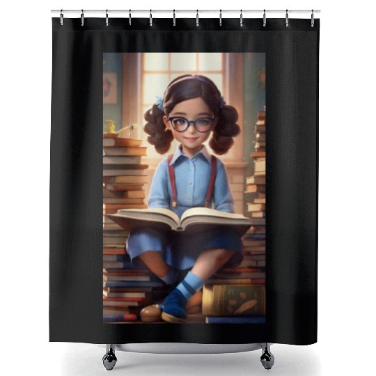 A sweet 5 year old girl wearing a light blue butto Shower Curtains