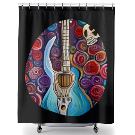 Blue Electric Guitar, Skull and Roses Shower Curtains