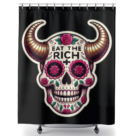 Horned Sugar Skull, eat the rich skull Shower Curtains