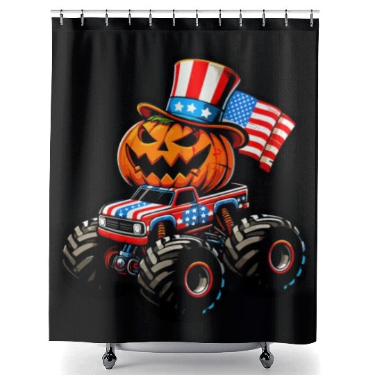 Pumpkin Riding Monster Truck 4th Of July Independe Shower Curtains