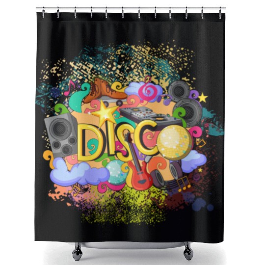 Vector Disco Theme Guitar Piano Song Drum Speaker Shower Curtains