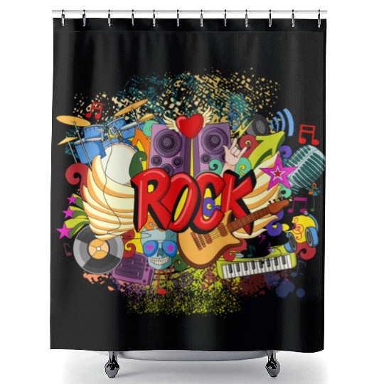 Vector Rock n Roll Theme Guitar Piano Song Drum Shower Curtains