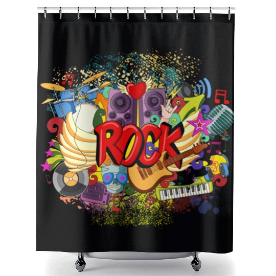 Vector Rock n Roll Theme Guitar Piano Song Drum Shower Curtains