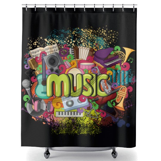 Music Theme Guitar Piano Song Drum Speaker Shower Curtains