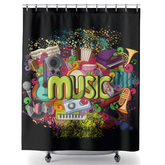 Music Theme Guitar Piano Song Drum Speaker Shower Curtains