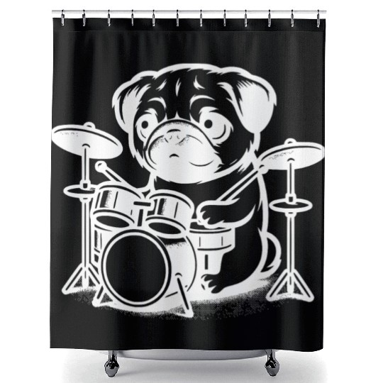 Cute Pug Puppy Drummer Design Shower Curtains