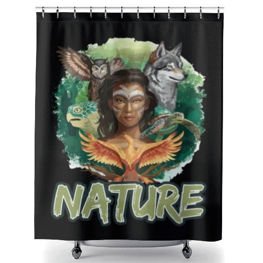 Nature-Inspired Wolf Owl Turtle Phoenix Woman Shower Curtains