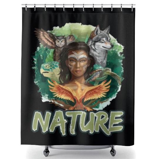 Nature-Inspired Wolf Owl Turtle Phoenix Woman Shower Curtains