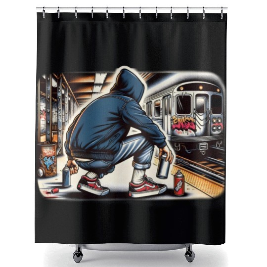 AI Teen in Subway Layup Underground- Masked Border Shower Curtains