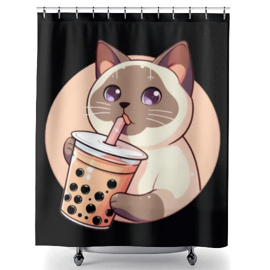 Siamese cat having bubble tea Shower Curtains