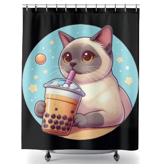 Siamese cat having bubble tea Shower Curtains