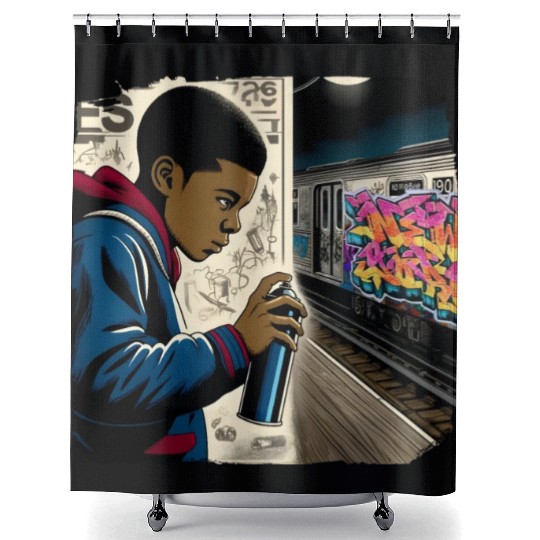 AI Teen in Underground Subway Layup -Masked Border Shower Curtains
