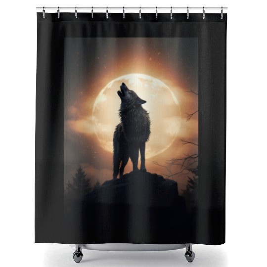 Digital art moon and wolf - Cool wolf leader Alpha Shower Curtains