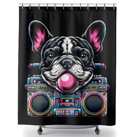 Frenchie Beats: French Bulldog with Music Boom Box Shower Curtains