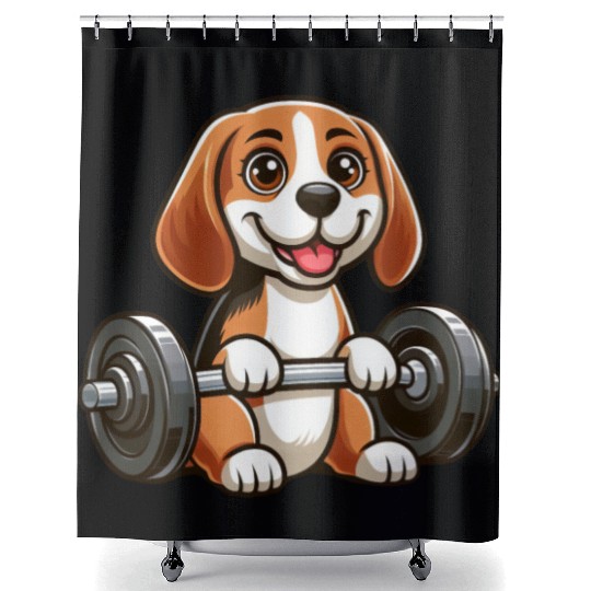 Beagle with Dumbbell Fitness Training Shower Curtains