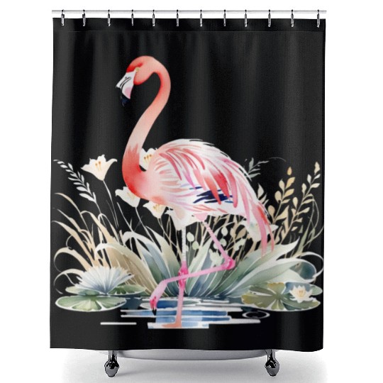 Serene Flamingo in Tranquil Lake Shower Curtains