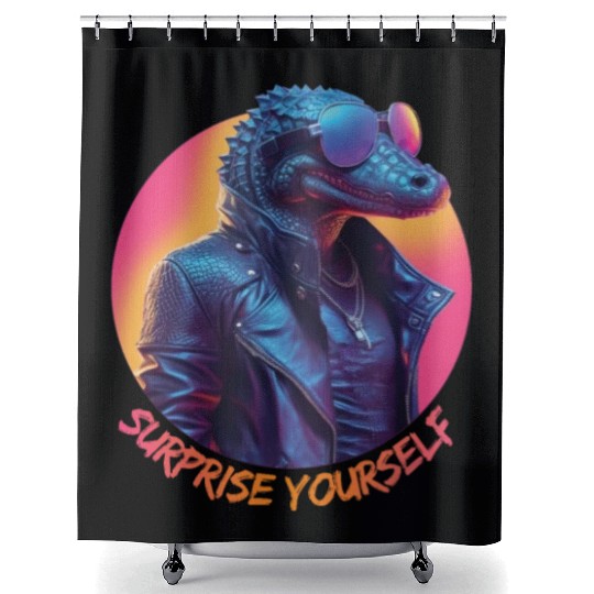 Synthwave style crocodile wearing sunglasses Shower Curtains