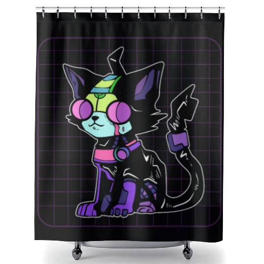 Cyberpunk Cat Game Developer Shower Curtains