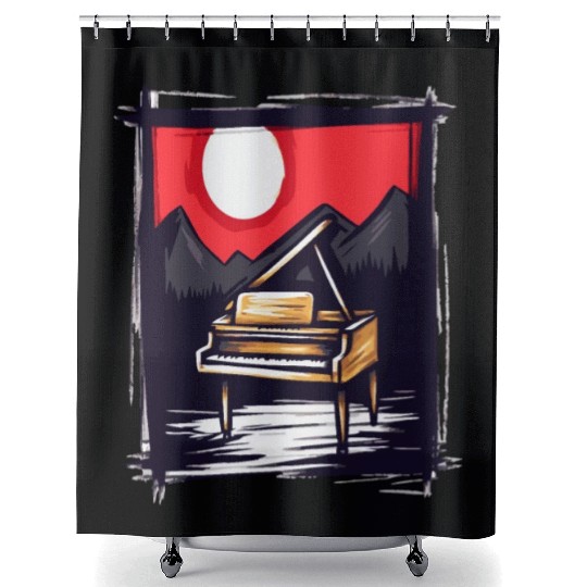 Japan Red Sun & Nature Piano Shower Curtains
