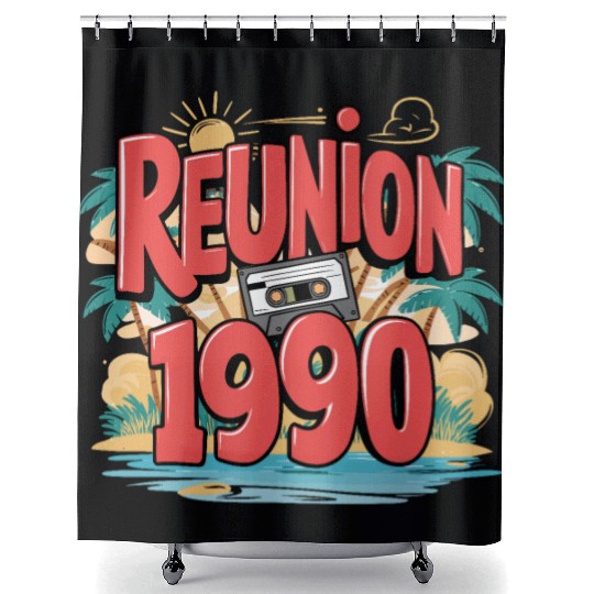 Retro Reunion 1990 Cassette Tape Sunset Beach Shower Curtains
