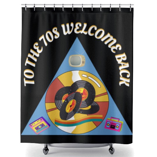 1970s Era Blue Retro Vintage Records Cassette Shower Curtains