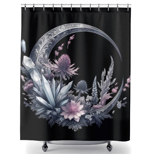 Crescent moon in silver, with crystals and flowers Shower Curtains