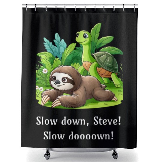Slow Down Steve! Sloth and Turtle Walking Slowly Shower Curtains