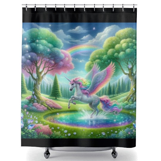 Enchanted Rainbow Unicorn Over Sparkling Pond Shower Curtains