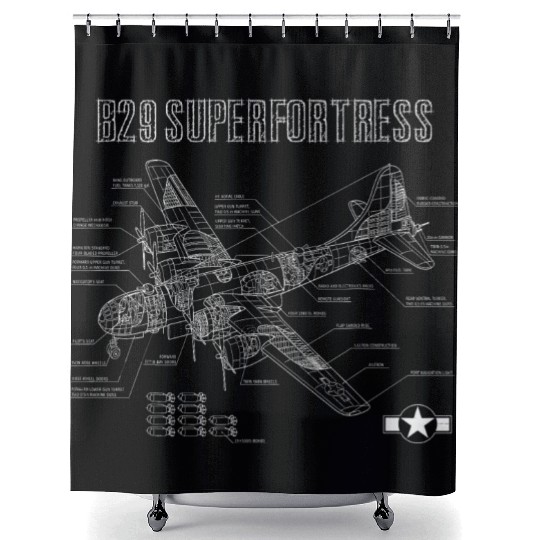 World War 2 Aircraft Blueprint WWII B29 Shower Curtains