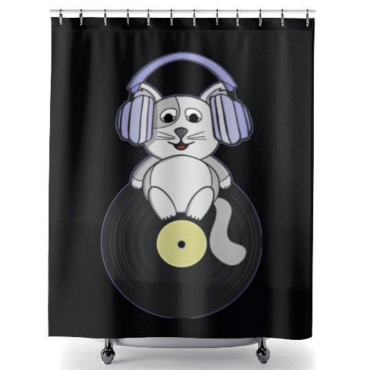 Nostalgic kitten who loves vinyl records Shower Curtains
