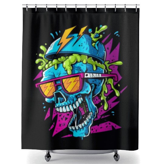 80's skull, retro vibes Shower Curtains