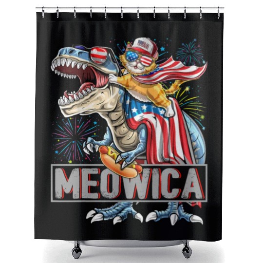 Meowica Cat T-Rex Dinosaur 4th of July US Flag Shower Curtains