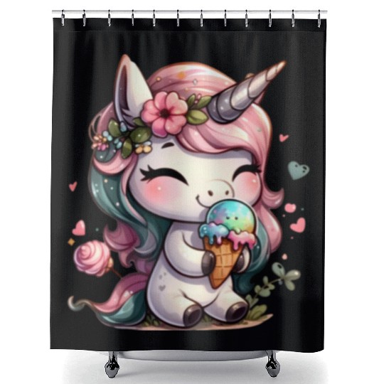 Chibi Unicorn Eating Ice Cream Shower Curtains