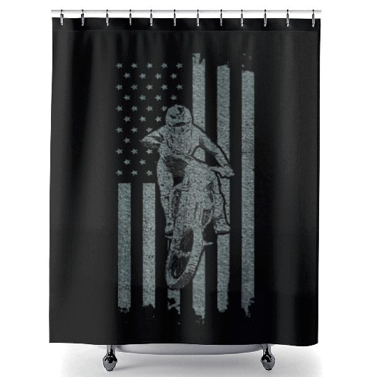 Dirt Bike US Flag Motocross Biker American Flag Shower Curtains