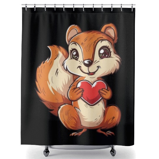 Adorable Squirrel with Red Heart Illustration Shower Curtains