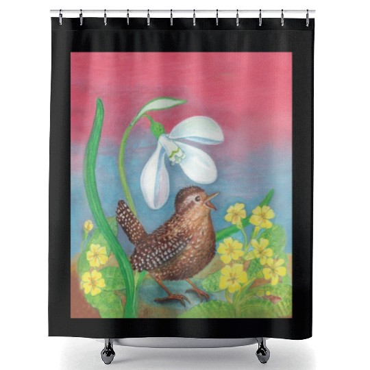 White Snowdrop & Wren Bird in Spring Illustration Shower Curtains