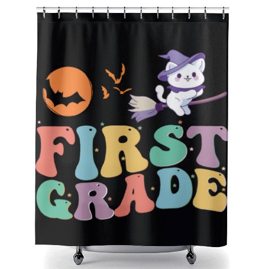 1st Grade teacher Kindergarten with cute witch cat Shower Curtains